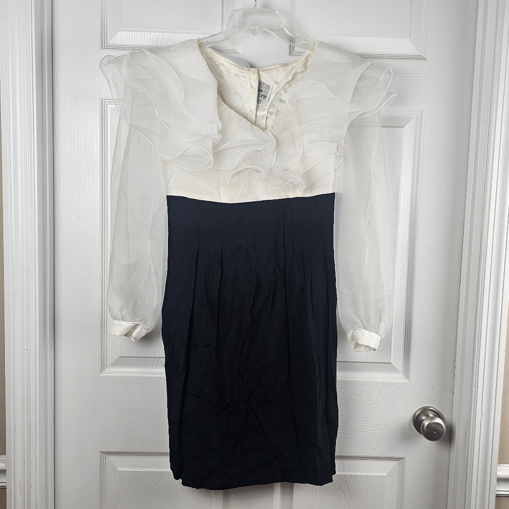Vintage Positively Ellyn Black & White Ruffle Organza Dress Sheer Sleeves 12
